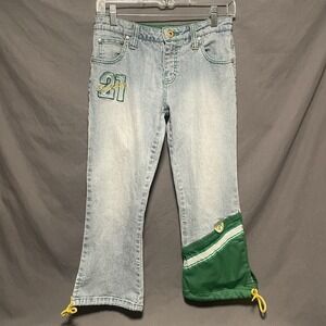 Vintage Southpole Jeans Flare Cut Size 5 Mid 90's Green w Patches Sporty